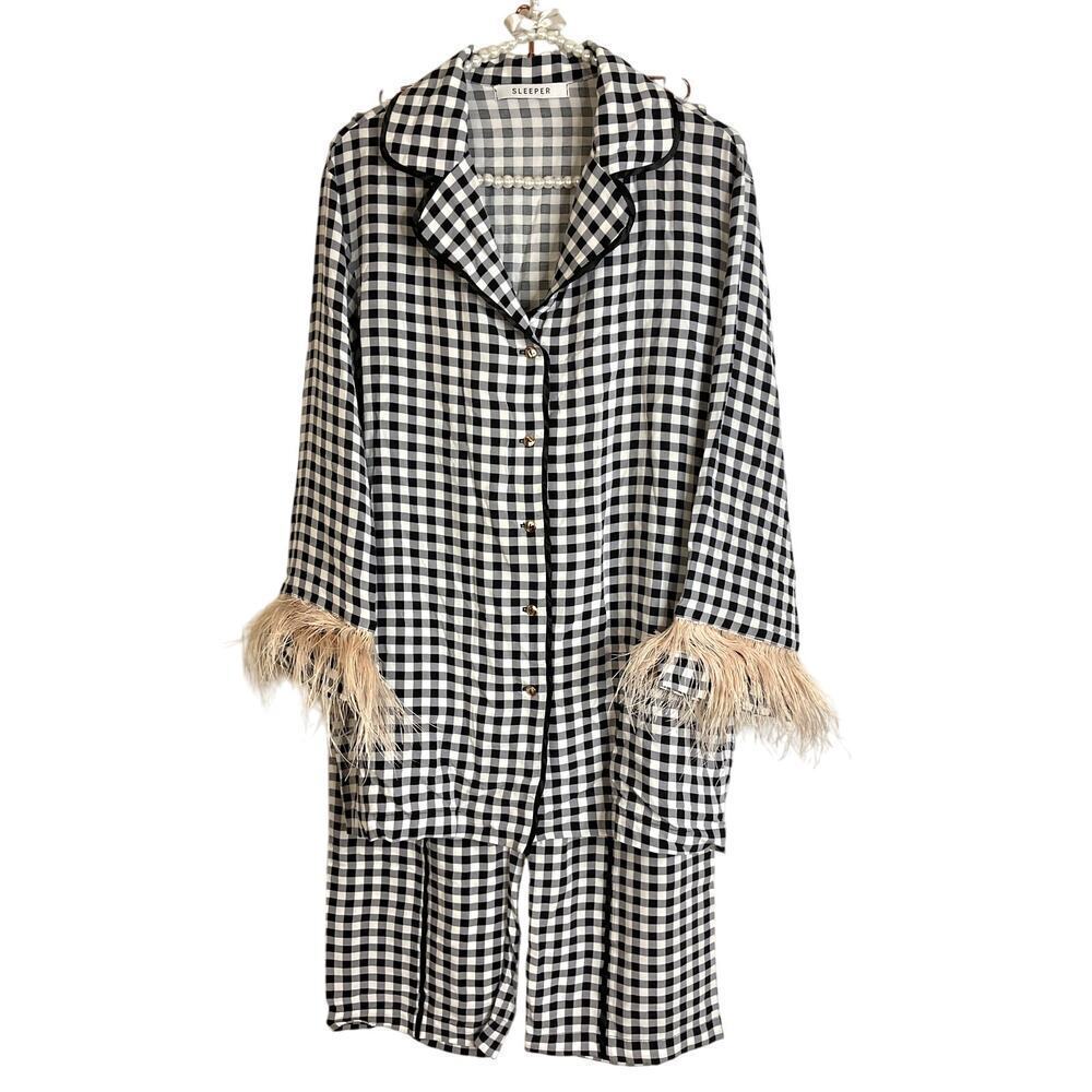 Sleeper Black and White Gingham Feather-Trim Pajama Set